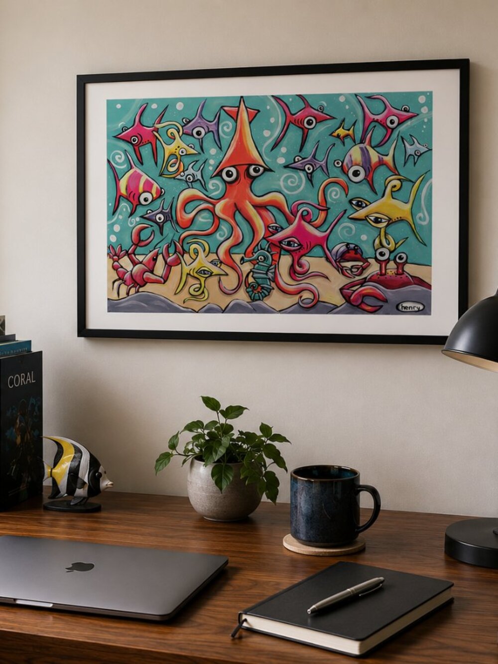 Surreal Underwater Squid Fish Seahorse Art Print Seattle Henry & Postcard